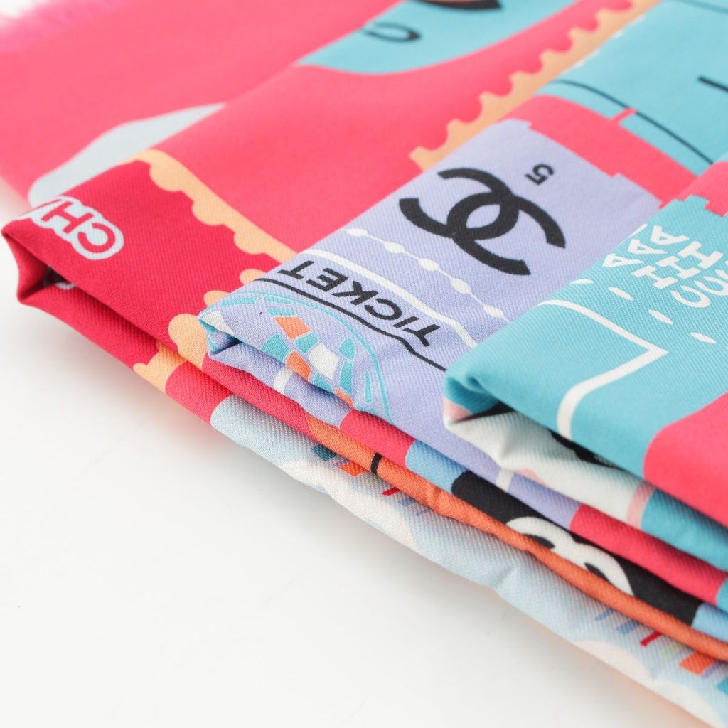 Chanel Cotton Silk Ticket CC Logo All Over Pattern Shawl Pink Scarf — view 8
