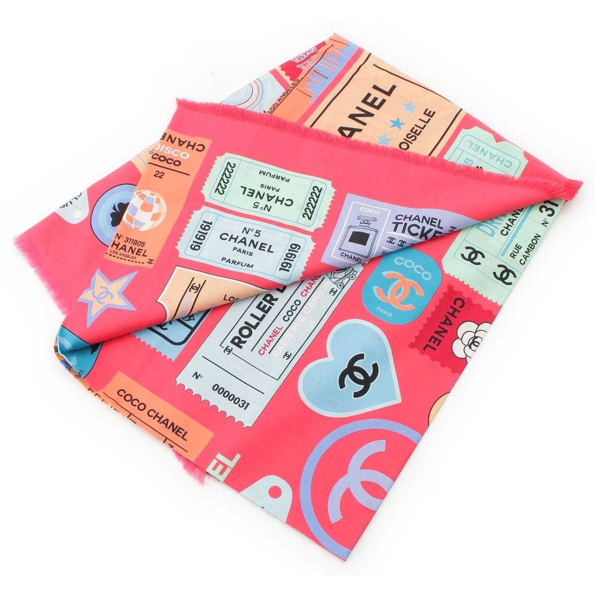 Chanel Cotton Silk Ticket CC Logo All Over Pattern Shawl Pink Scarf — view 2