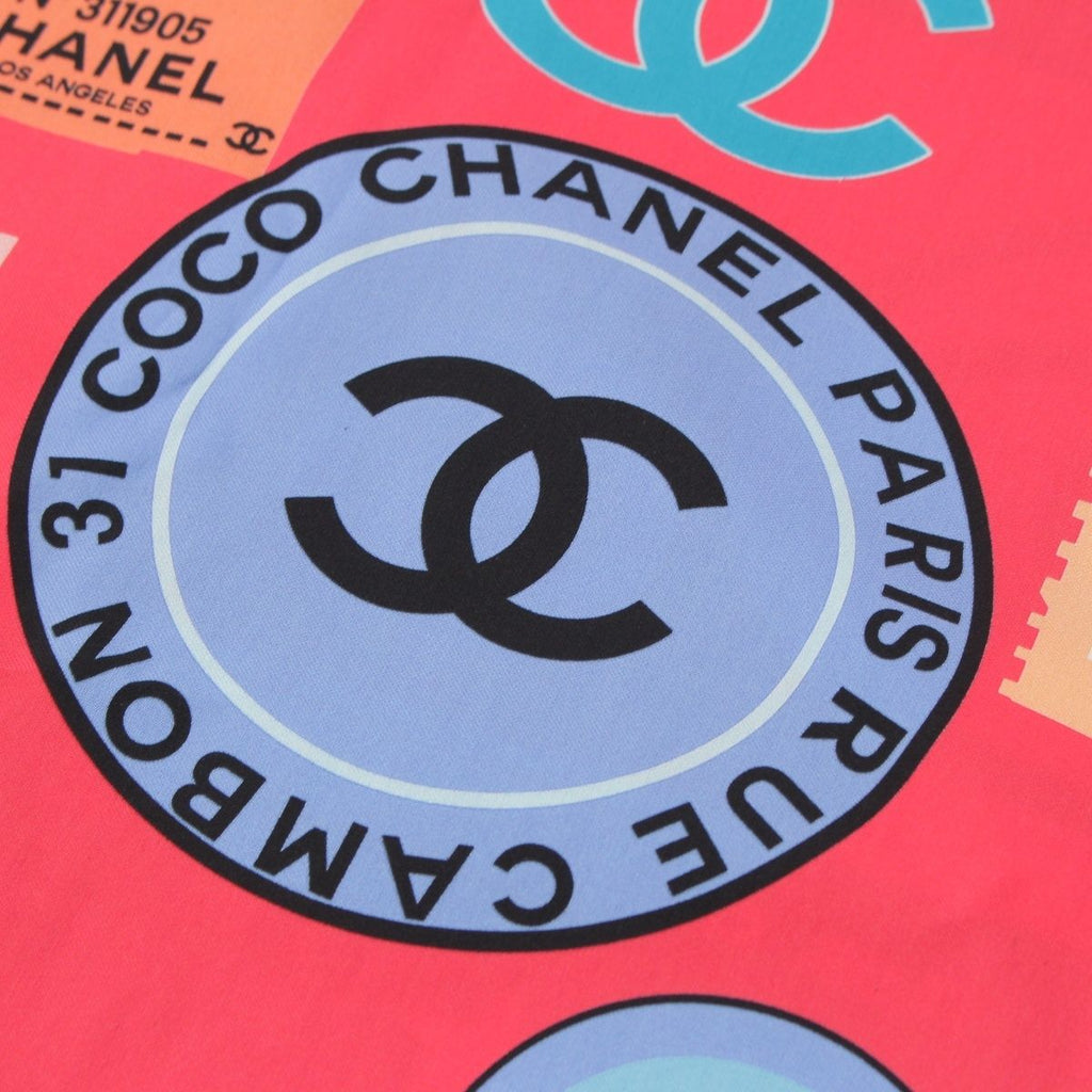 Chanel Cotton Silk Ticket CC Logo All Over Pattern Shawl Pink Scarf — view 4