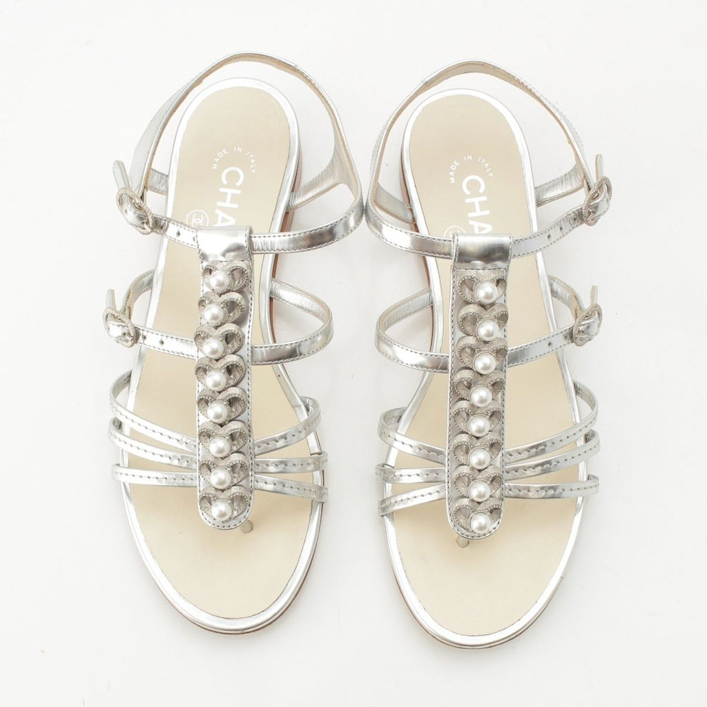 Chanel Heart Pearl Strap Sandals Silver — view 2