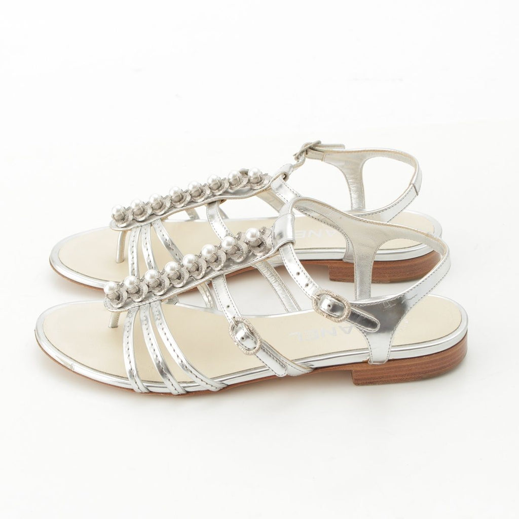 Chanel Heart Pearl Strap Sandals Silver — view 3