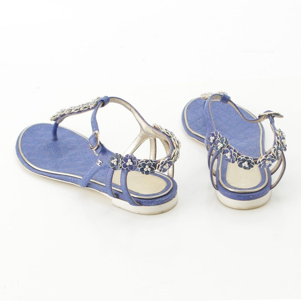 Chanel Leather Pearl CC Logo Camellia Strap Sandals Blue — view 4