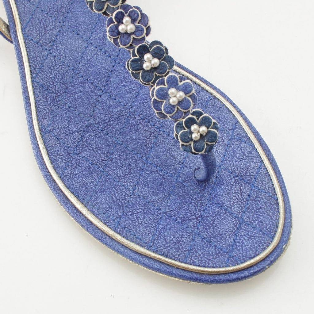 Chanel Leather Pearl CC Logo Camellia Strap Sandals Blue — view 6