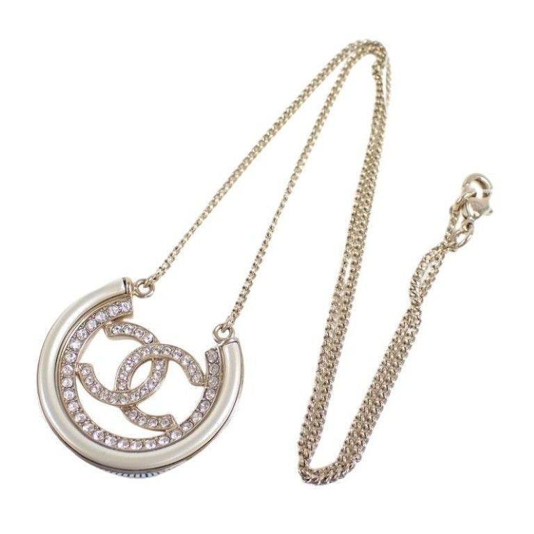Chanel Necklace CC Logo Gold Metal Rhinestone