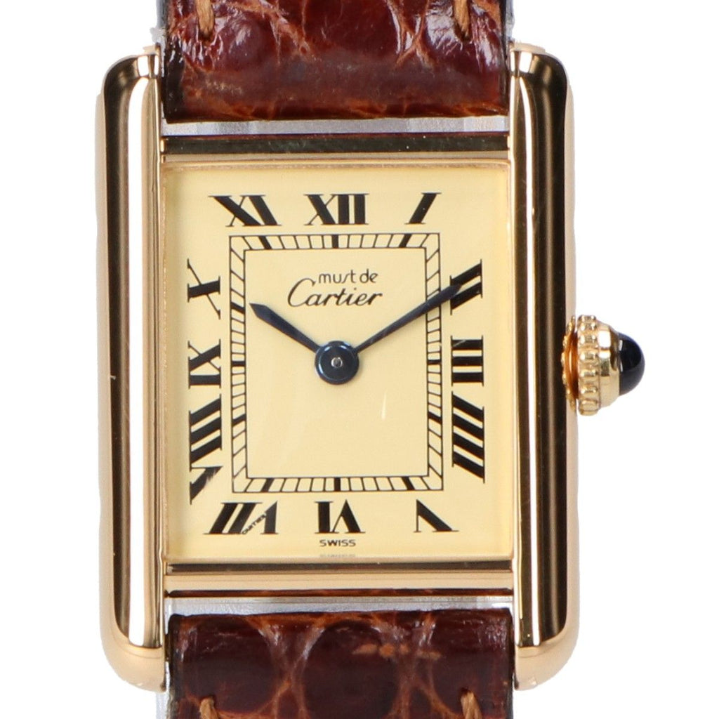 Cartier Polished 925 Must Tank Vermeil SM Ivory Dial Roman Quartz Leather