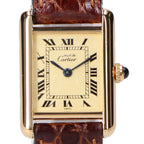 Cartier Polished 925 Must Tank Vermeil SM Ivory Dial Roman Quartz Leather