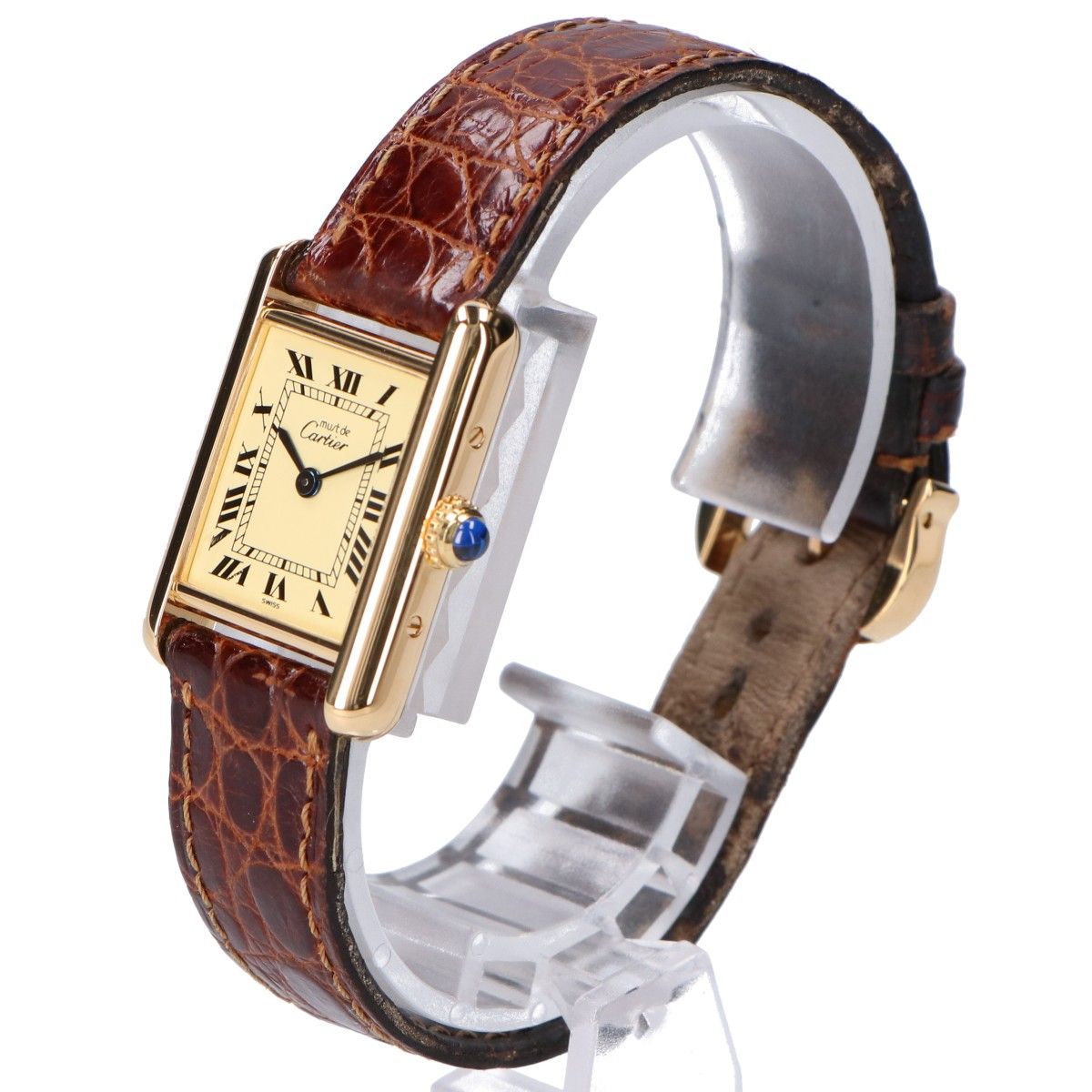 Cartier Polished 925 Must Tank Vermeil SM Ivory Dial Roman Quartz Leather — view 3