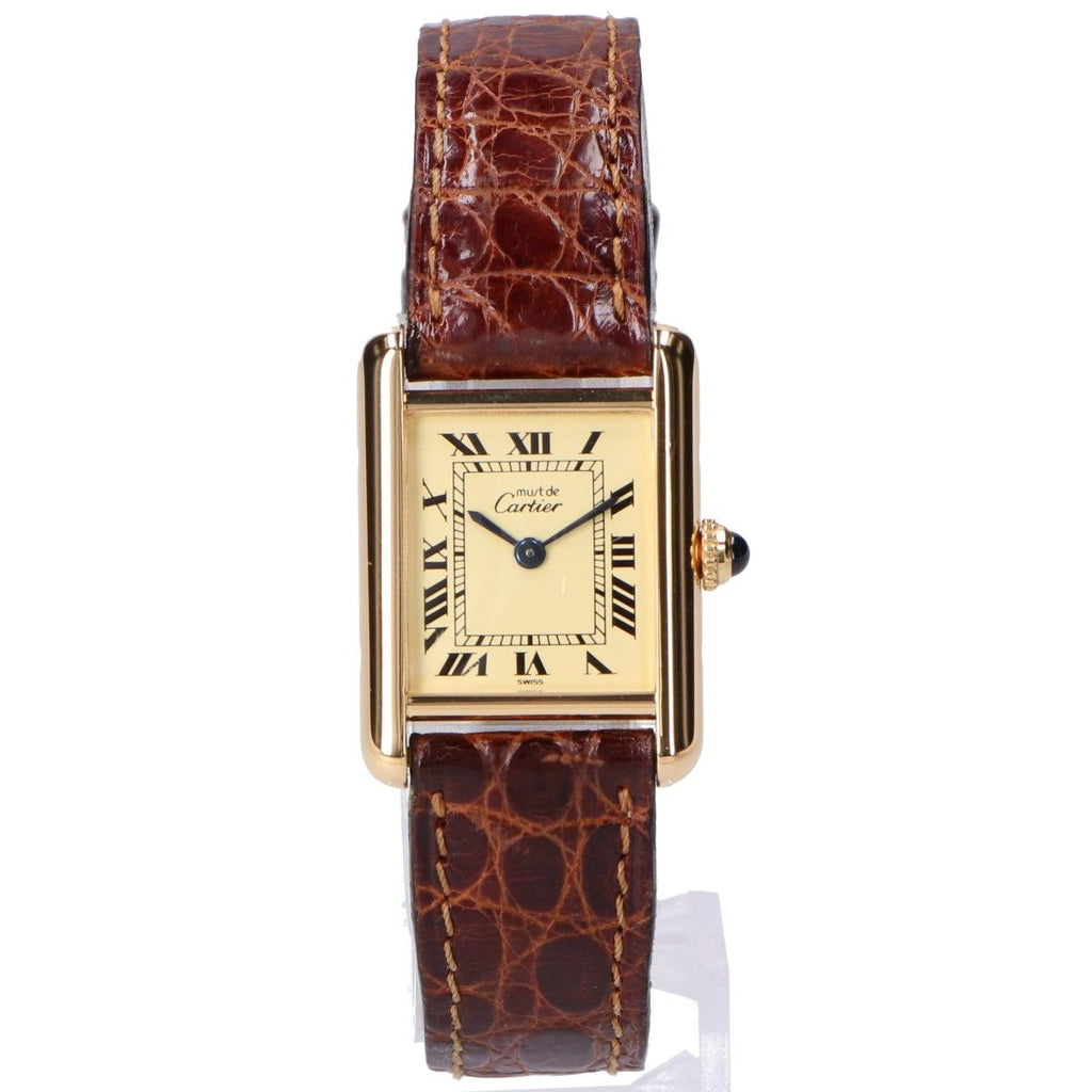 Cartier Polished 925 Must Tank Vermeil SM Ivory Dial Roman Quartz Leather — view 2