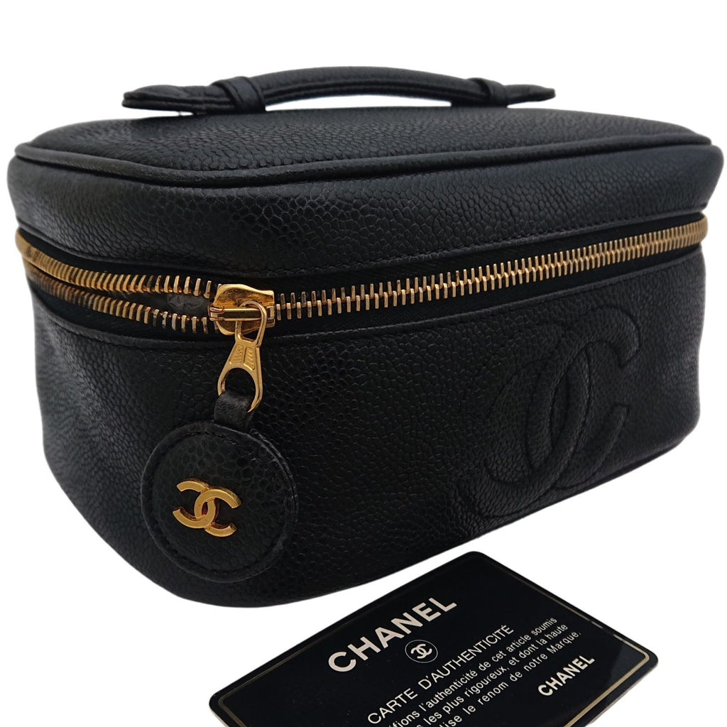 Chanel Vanity Bag Caviar Leather CC Logo Black Gold