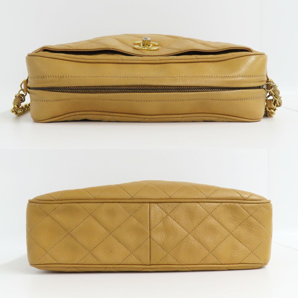 Chanel Chain Shoulder Bag Quilted Caviar Leather Beige Gold — view 3
