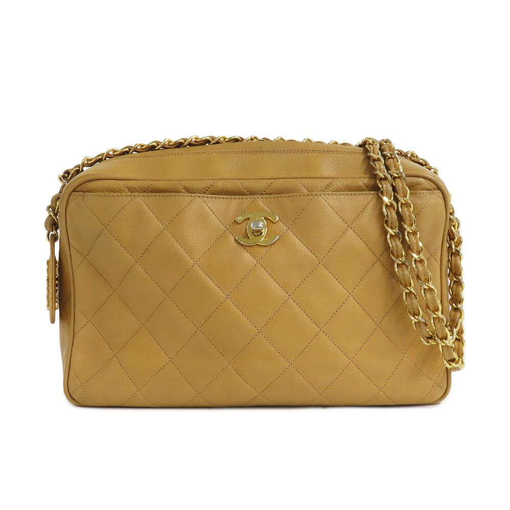 Chanel Chain Shoulder Bag Quilted Caviar Leather Beige Gold