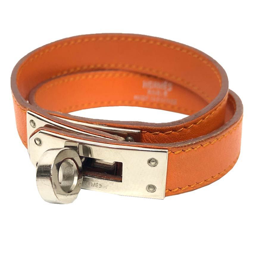 Hermes Leather Bracelet Tall Orange Silver