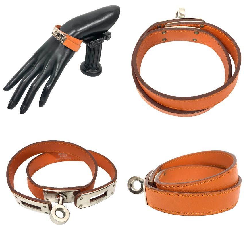 Hermes Leather Bracelet Tall Orange Silver — view 2