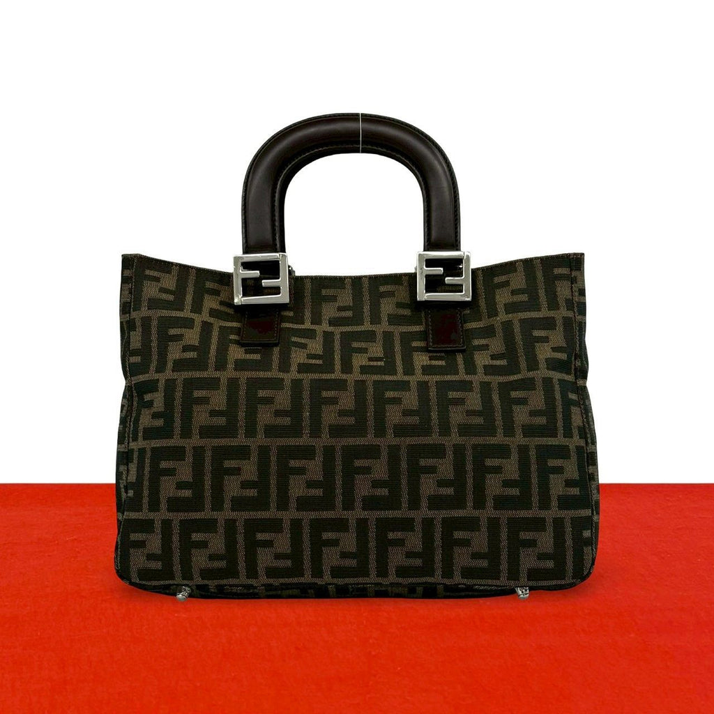 Fendi Vintage Zucca FF Pattern Canvas Leather Tote Brown Black