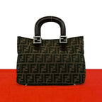 Fendi Vintage Zucca FF Pattern Canvas Leather Tote Brown Black