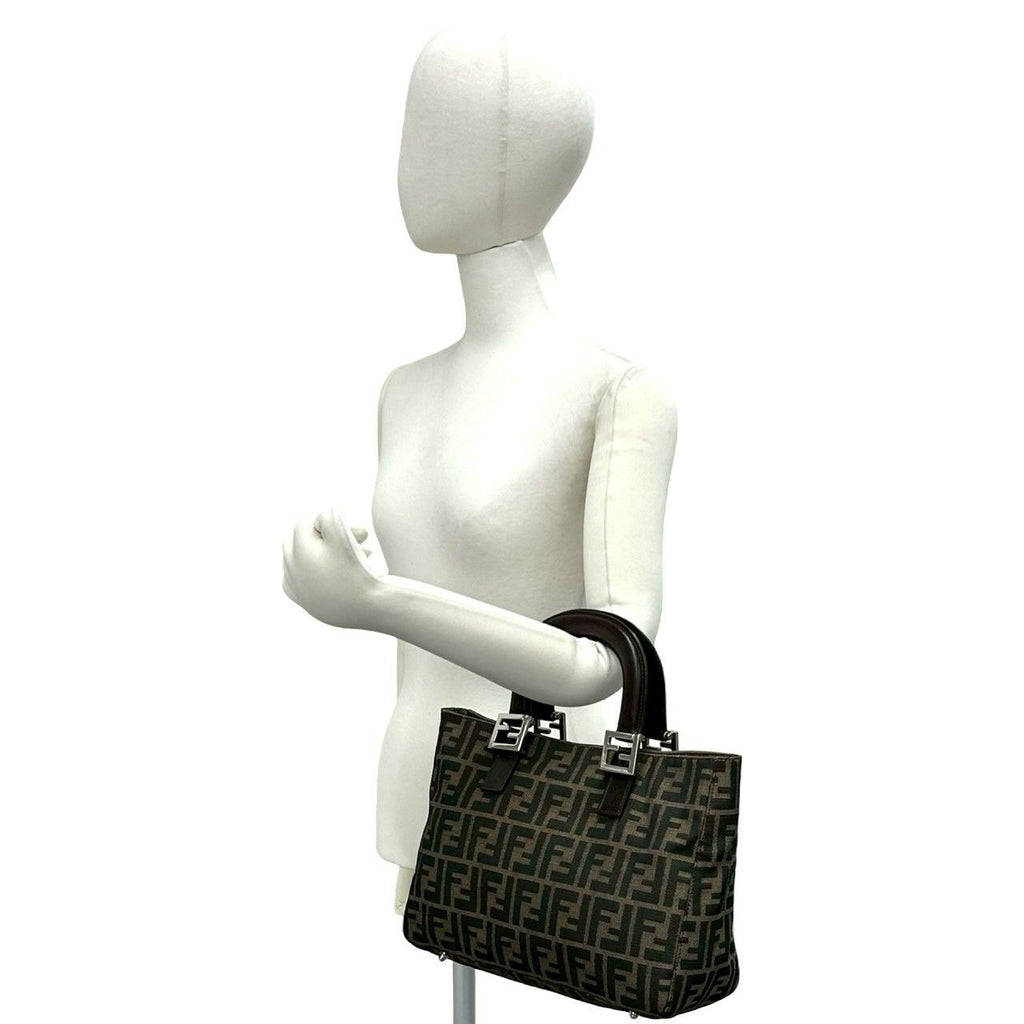 Fendi Vintage Zucca FF Pattern Canvas Leather Tote Brown Black — view 2