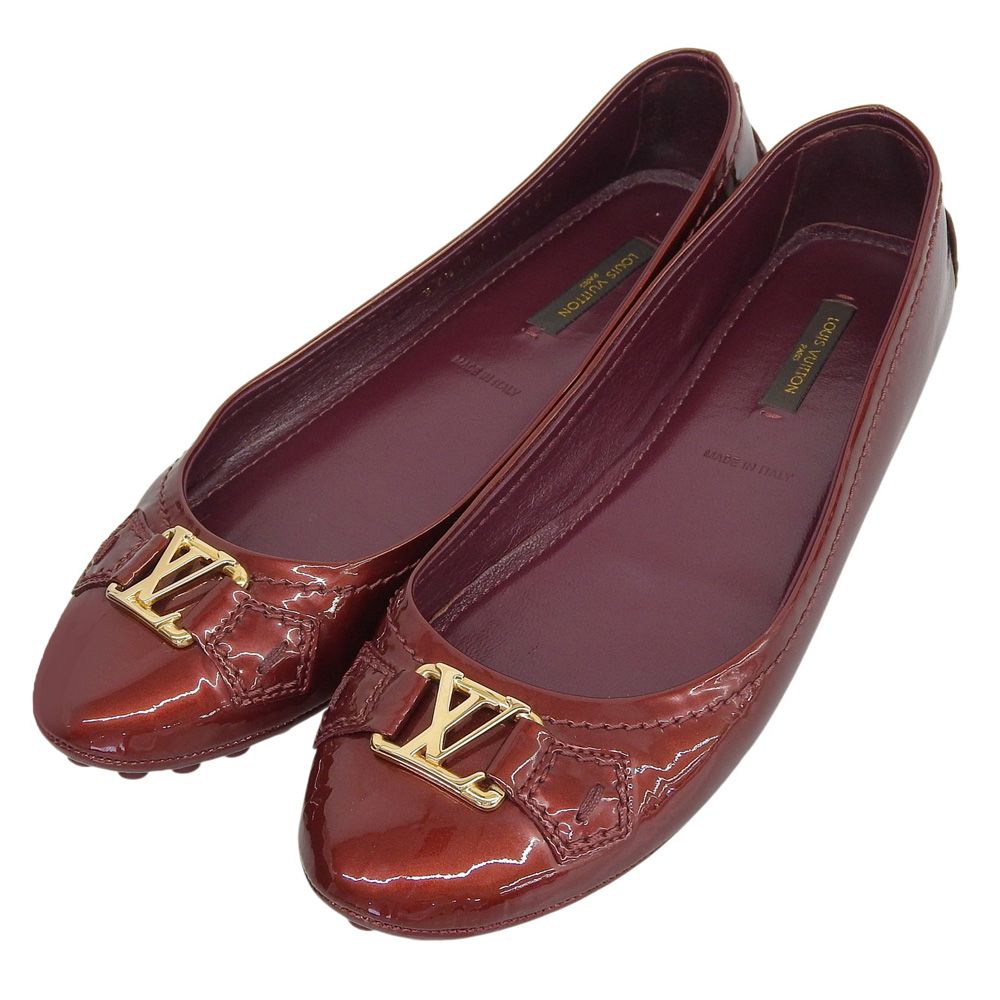 Louis Vuitton LV Logo Buckle Patent Flat Shoes Wine Red