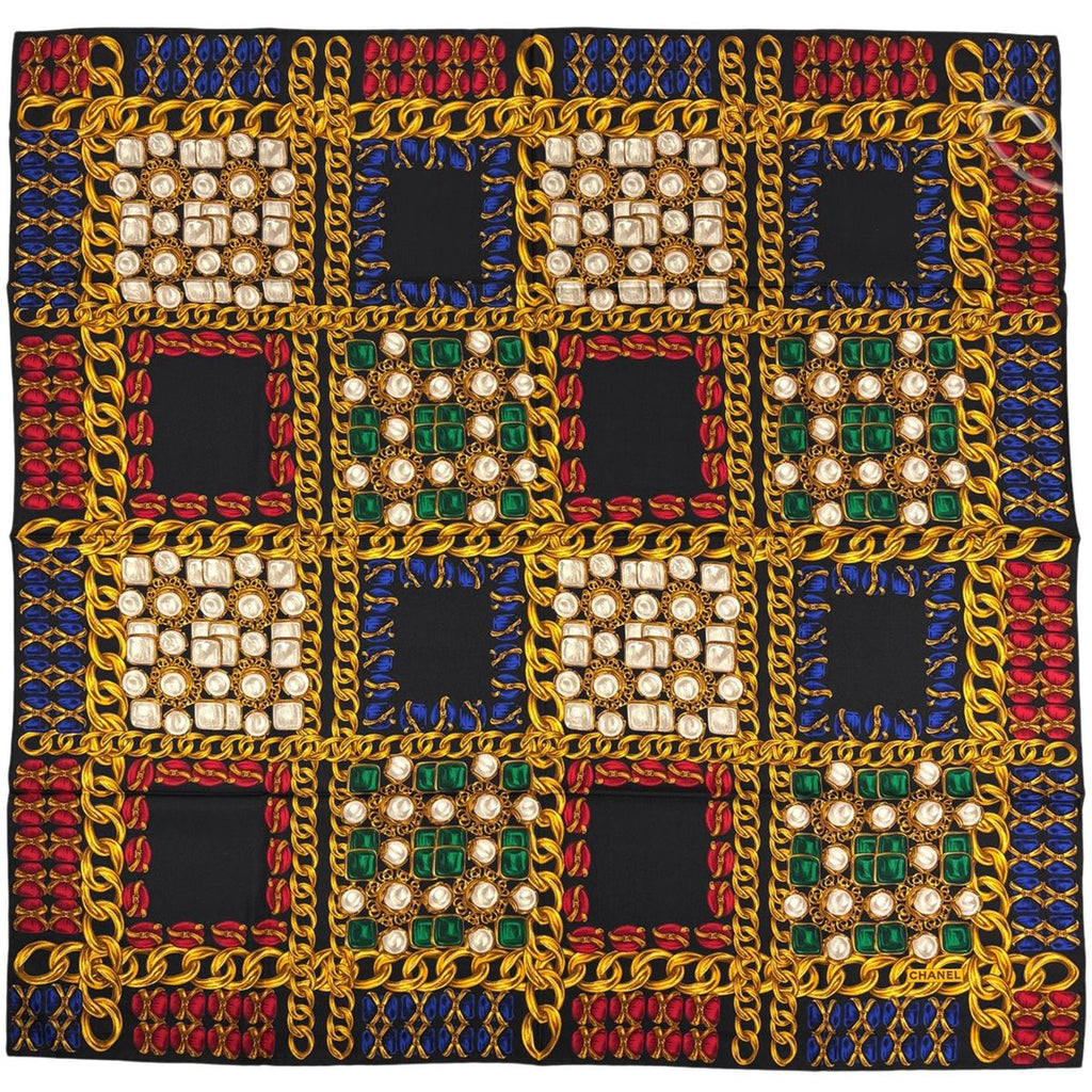 Chanel Logo Pattern Scarf Silk Black Gold Multicolor