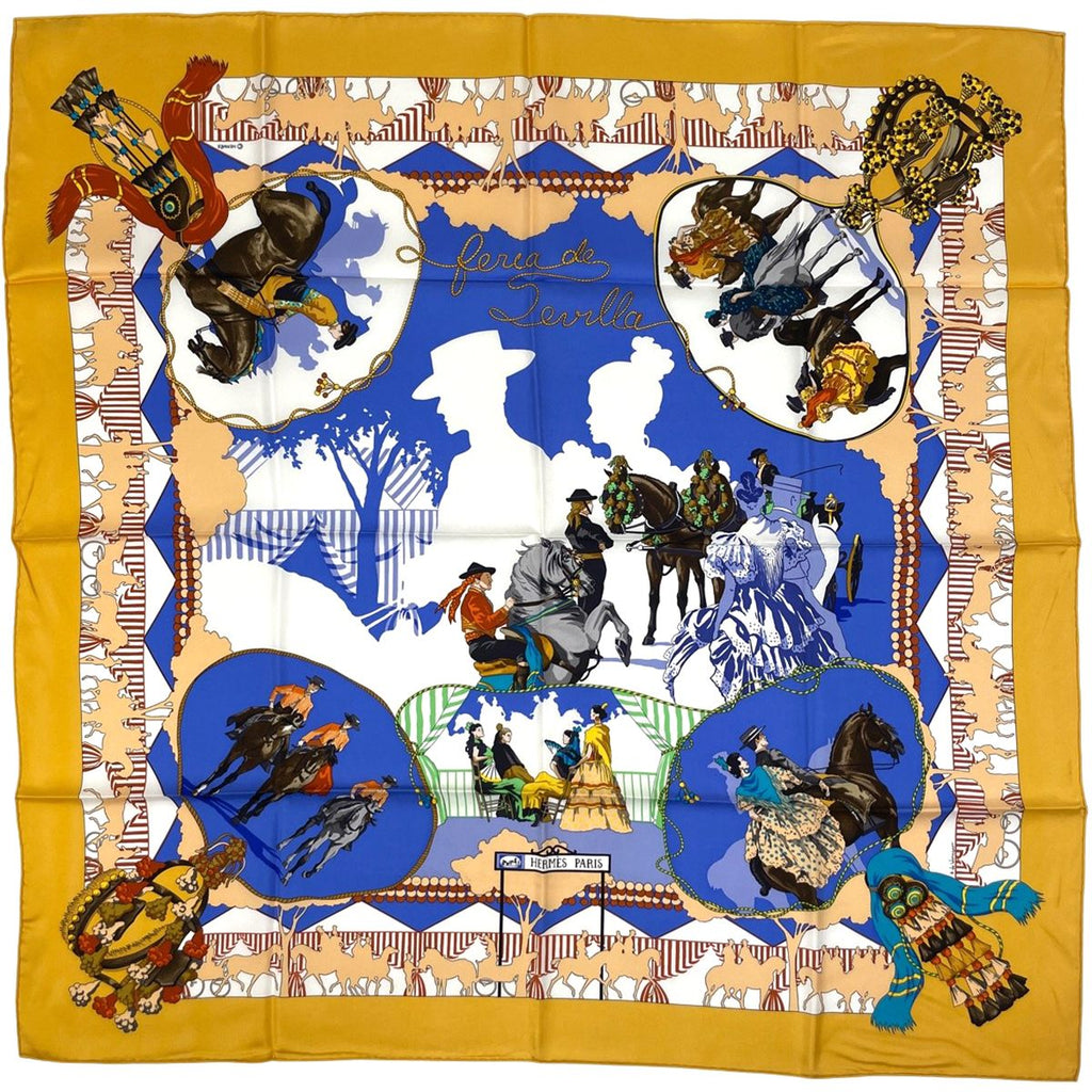 Hermes Carre 90 Feria de Sevilla Seville Holiday Scarf Silk Yellow Multicolor