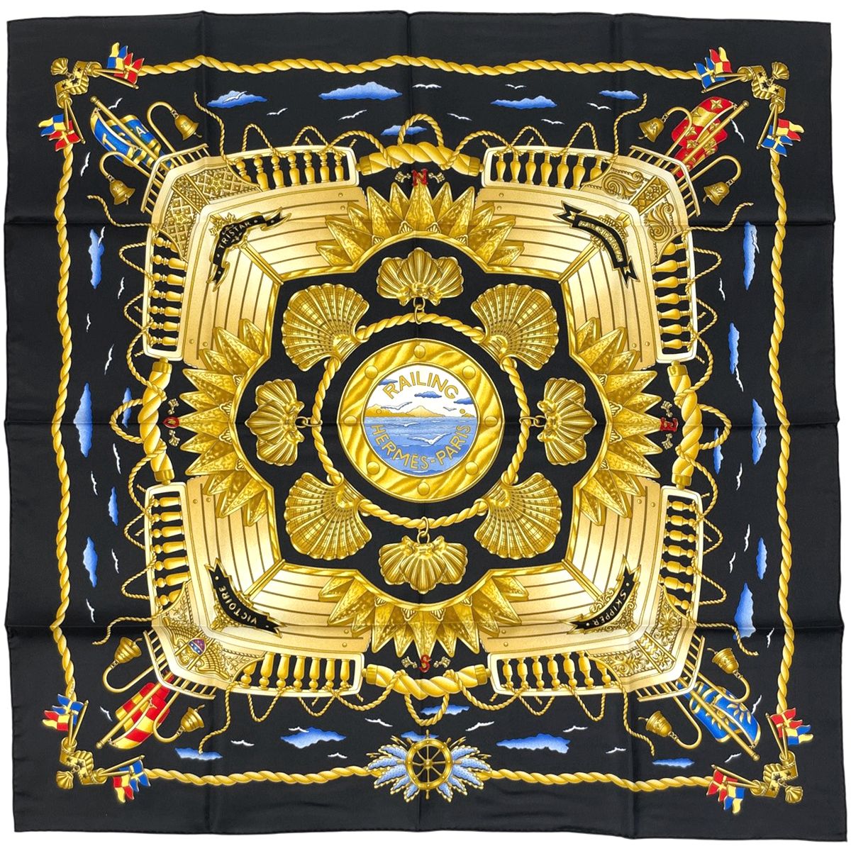 Hermes Carre 90 Railing Ship Handrail Scarf Silk Black Multicolor