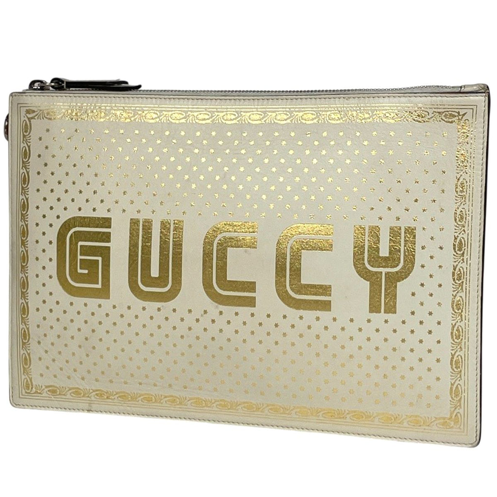 Gucci Logo Print Clutch Sega Second Leather White