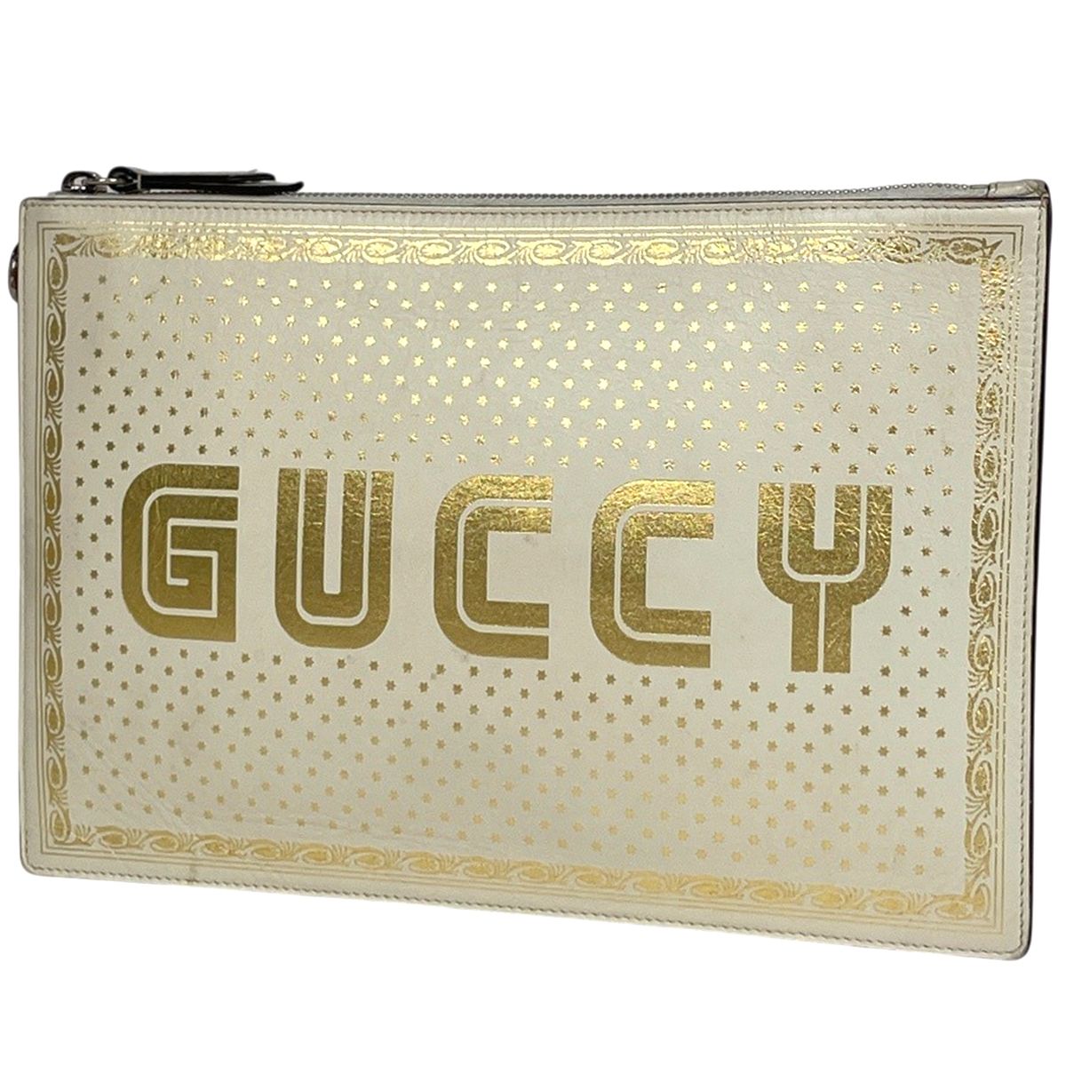 Gucci Logo Print Clutch Sega Second Leather White