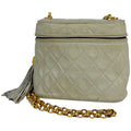 Chanel CC Logo Chain Shoulder Bag Quilted Fringe Leather White