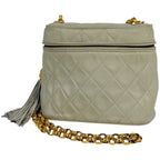 Chanel CC Logo Chain Shoulder Bag Quilted Fringe Leather White