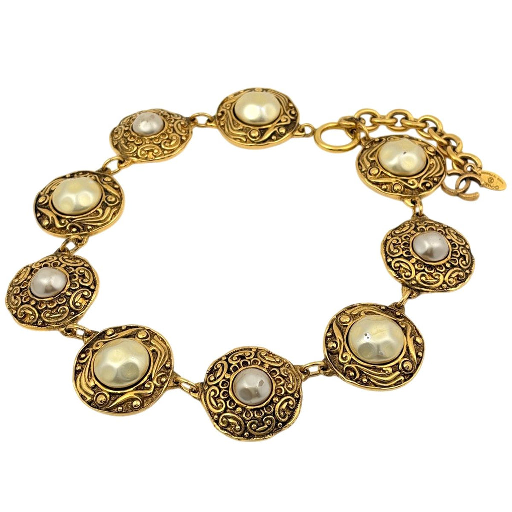 Chanel Faux Pearl Necklace CC Logo Gold Plated