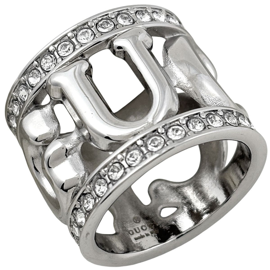 Gucci Logo Scarf Ring Crystal Metal Silver