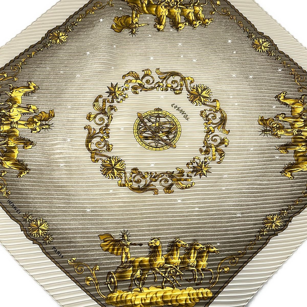Hermes Scarf Carre Plisse Beige Gray Dark Yellow Cosmos Horse