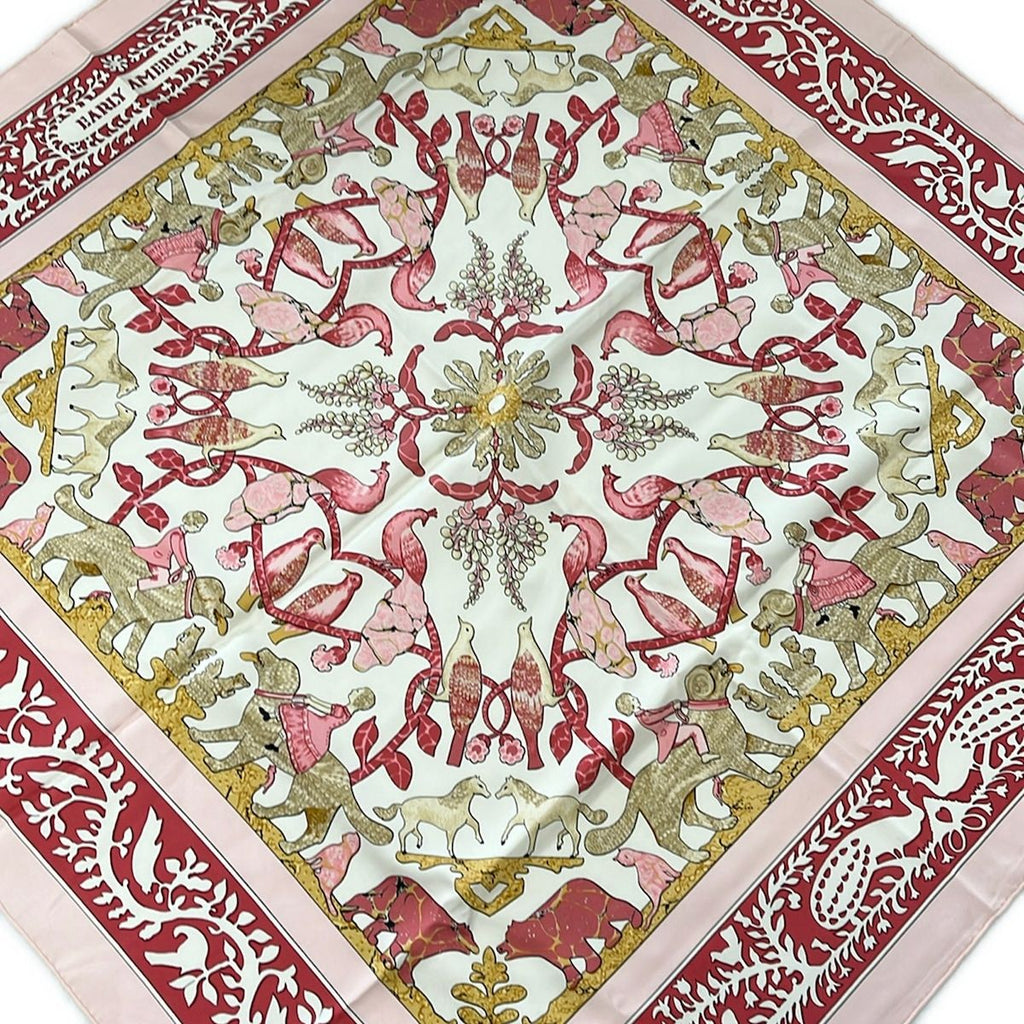 Hermes Scarf Carre 90 Light Pink Ivory Multi Warly America Dog Bird