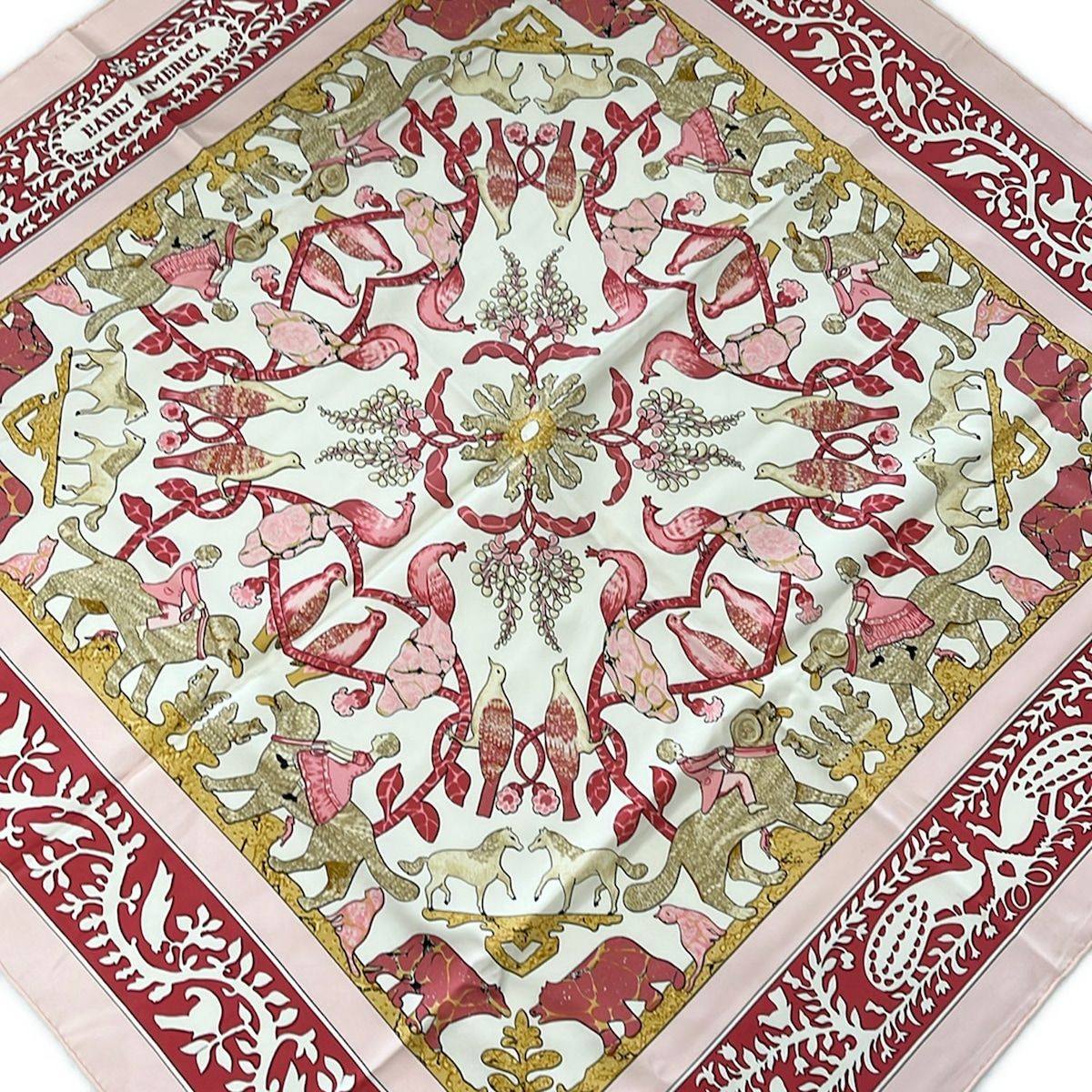 Hermes Scarf Carre 90 Light Pink Ivory Multi Warly America Dog Bird