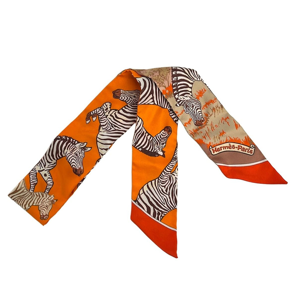 Hermes Scarf Twill Orange Beige Brown Ribbon les Zebres Zebra
