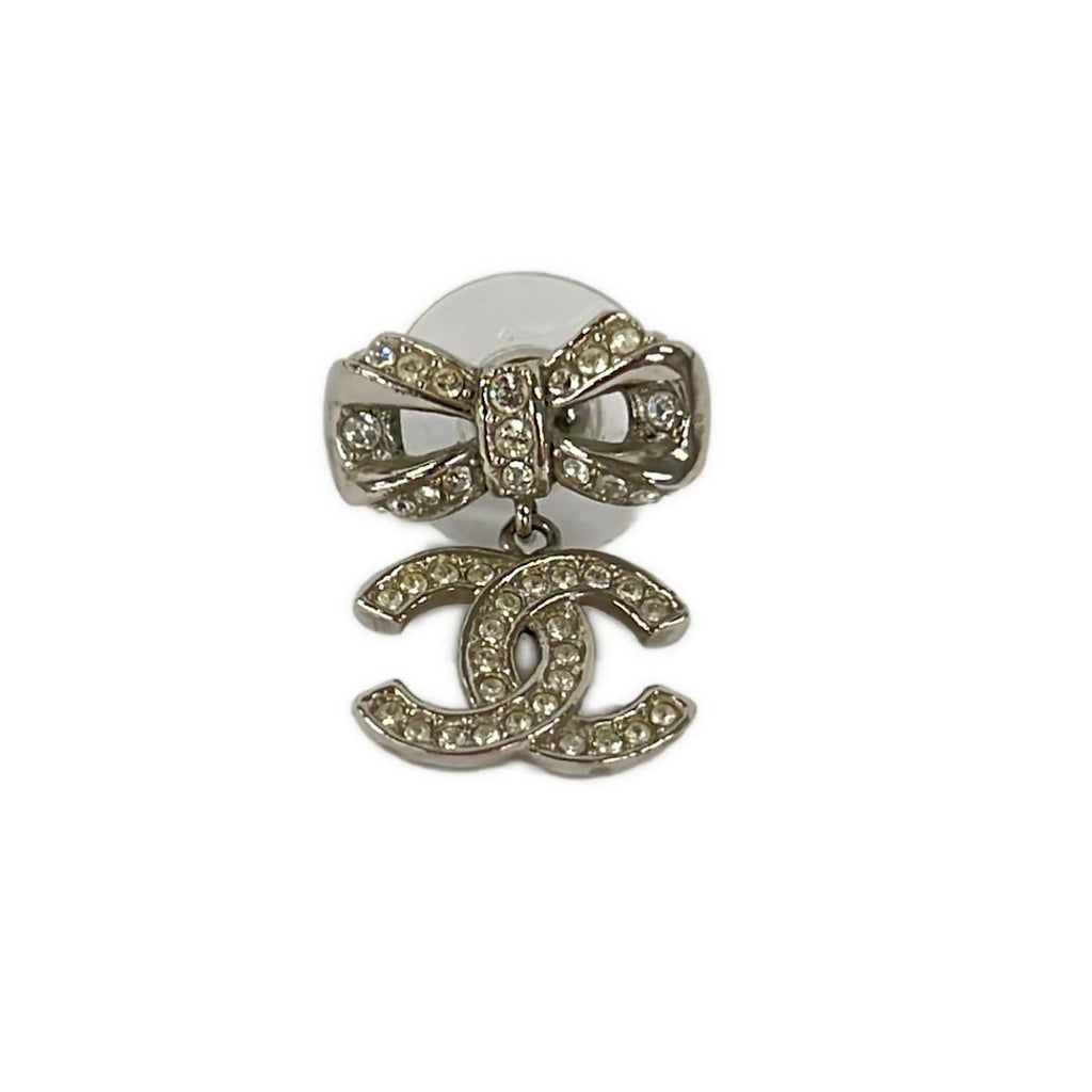 Chanel Earrings Silver Clear CC Logo Ribbon