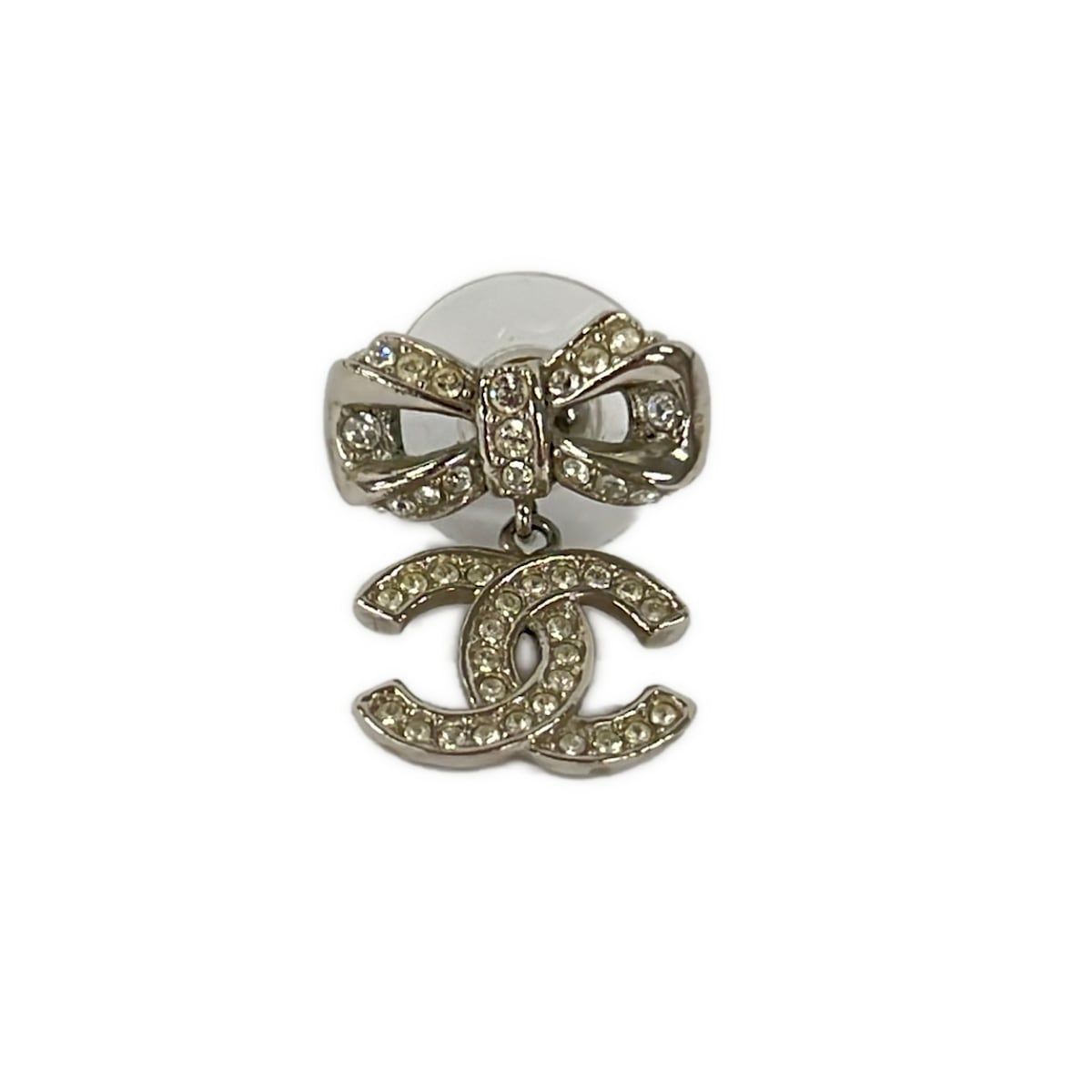 Chanel Earrings Silver Clear CC Logo Ribbon