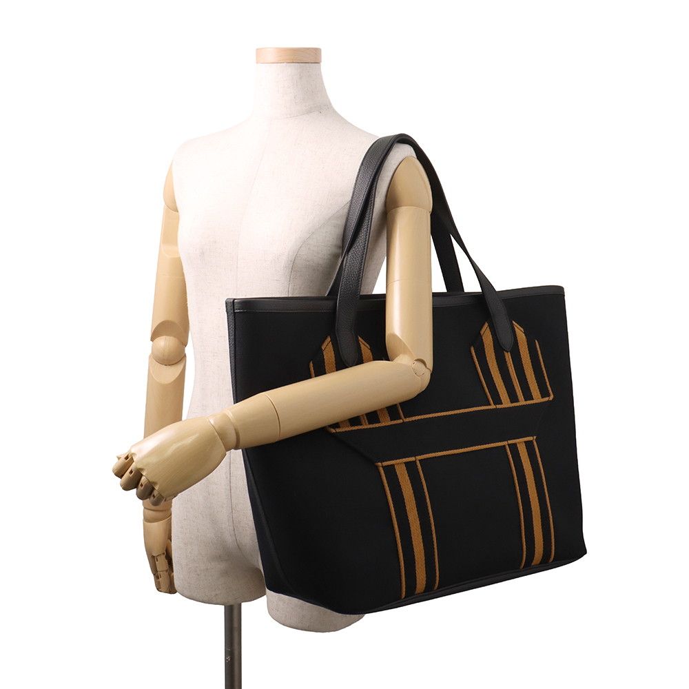 Hermes Tote Pure Sangle Black Caramel Silver Toile Military Taurillon Clemence — view 4