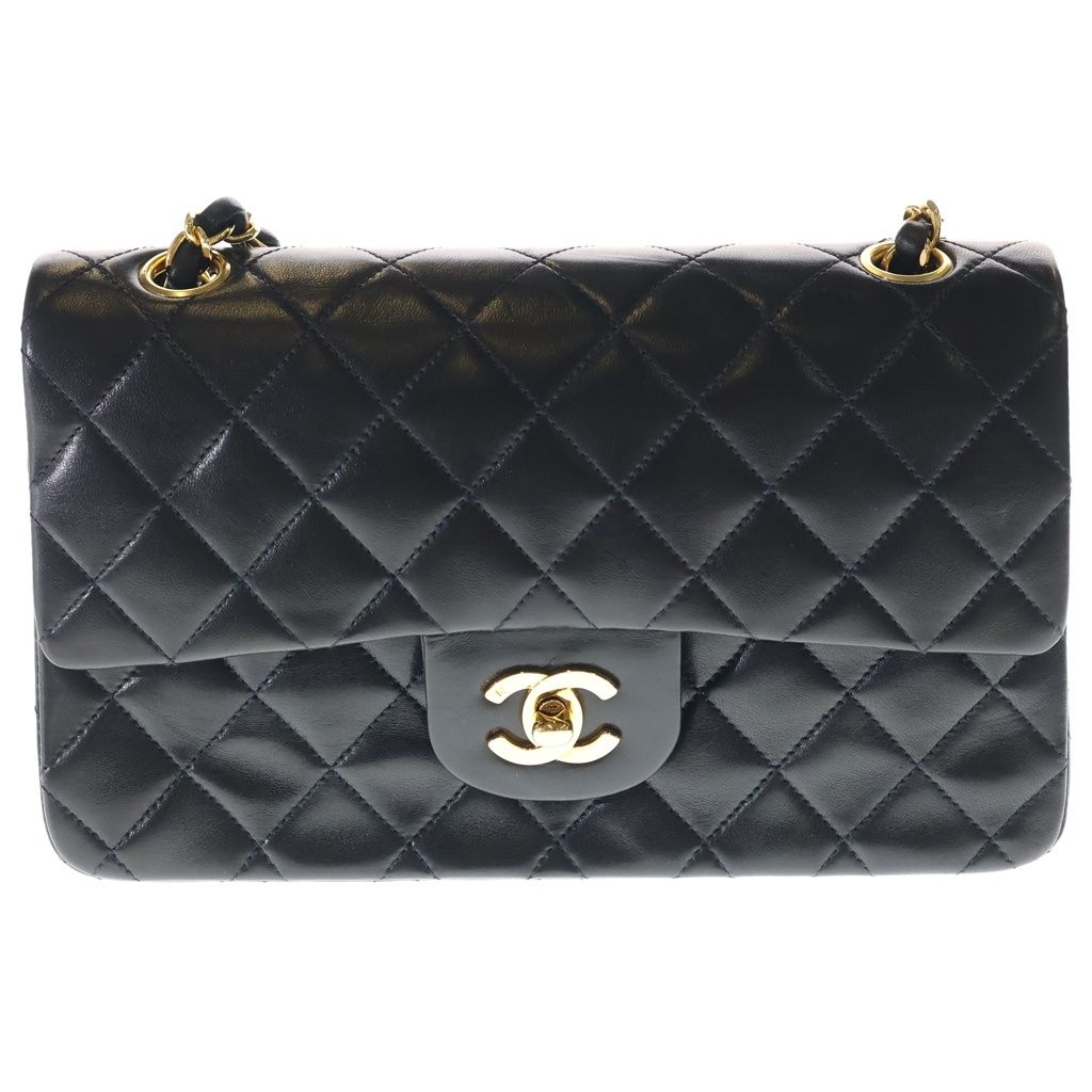 Chanel Quilted 25 Lambskin Leather Double Flap Chain Shoulder Bag Gold Black