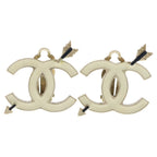 Chanel CC Logo Arrow Earrings Gold White 10c