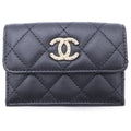 Chanel CC Logo Rhinestone Trifold Wallet Compact Coin Case Black Lambskin Gold