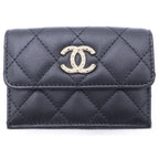 Chanel CC Logo Rhinestone Trifold Wallet Compact Coin Case Black Lambskin Gold