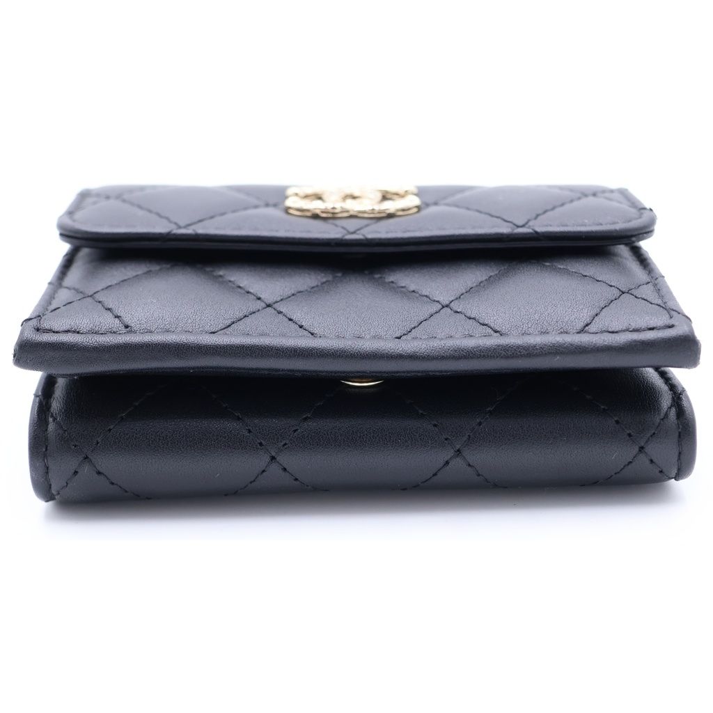 Chanel CC Logo Rhinestone Trifold Wallet Compact Coin Case Black Lambskin Gold — view 5