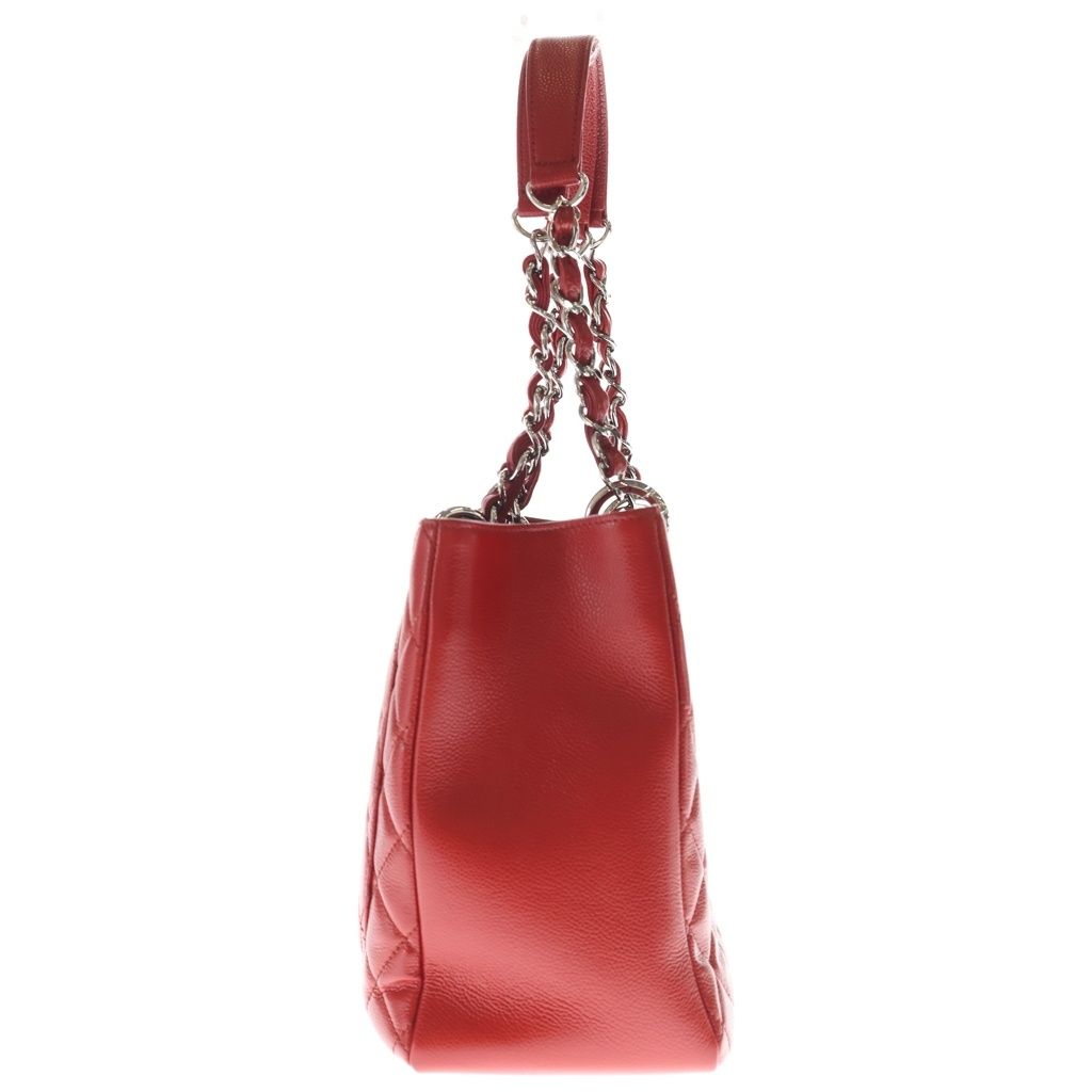 Chanel Quilted CC Logo Petite Shopping Tote PST Red Caviar Leather Silver — view 3