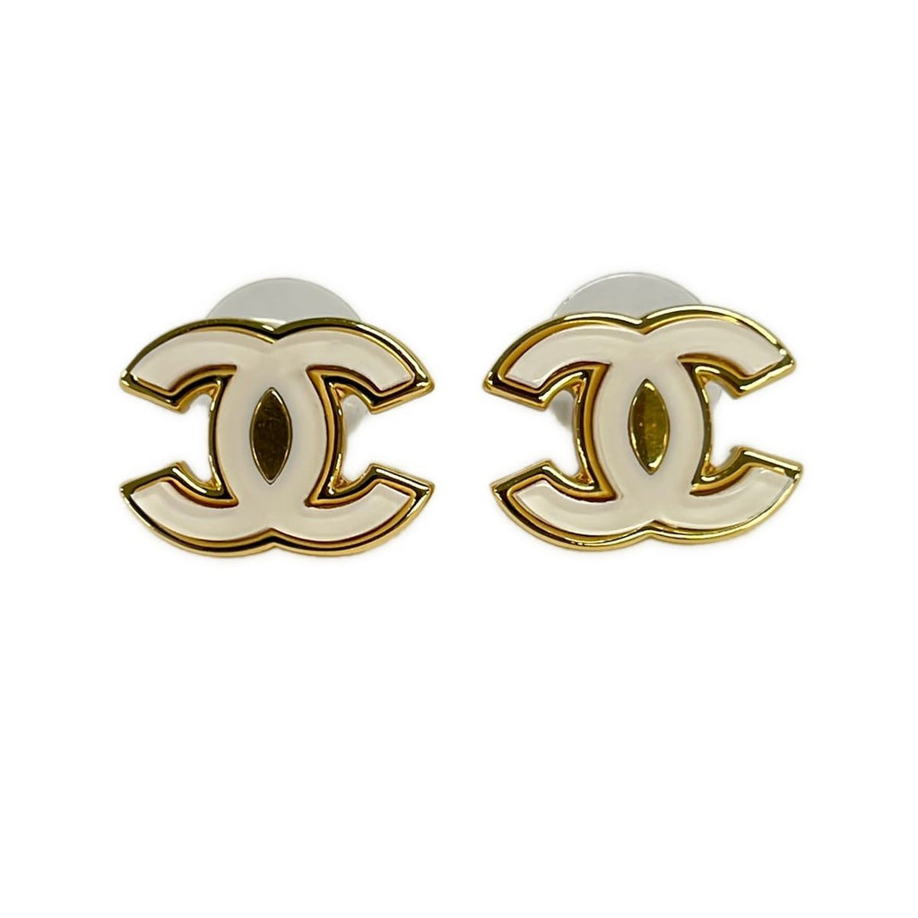 Chanel Earrings CC Logo Gold Clear White