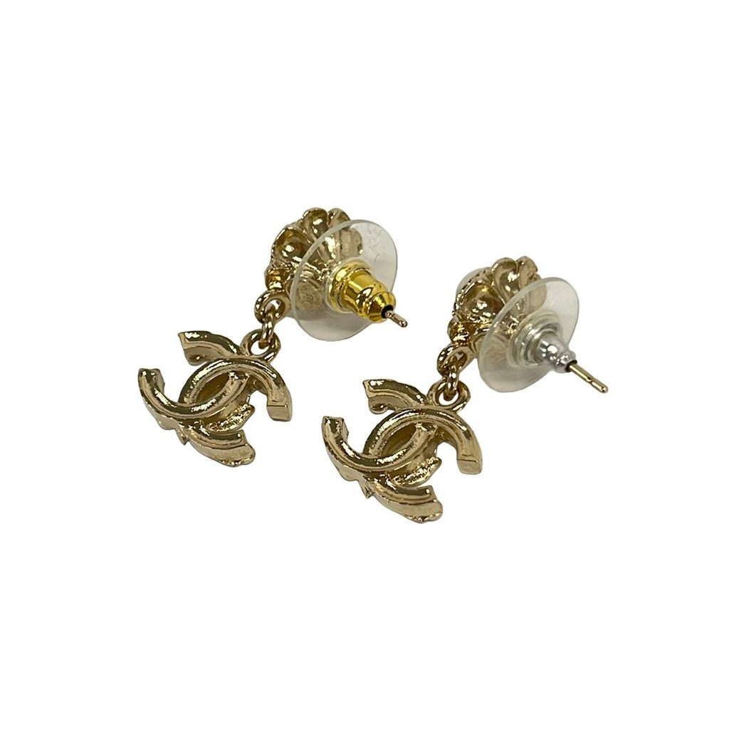 Chanel Earrings CC Logo Champagne Gold White Black External Back — view 2
