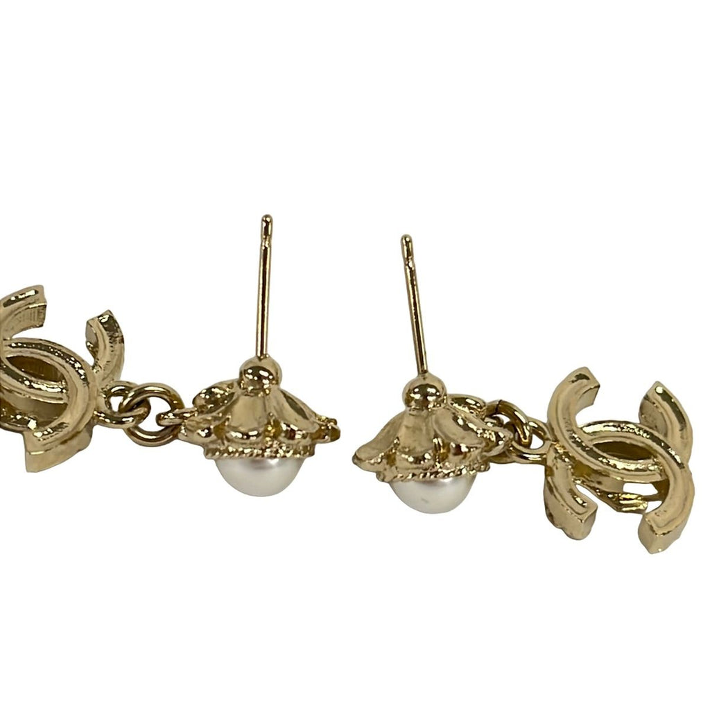 Chanel Earrings CC Logo Champagne Gold White Black External Back — view 3