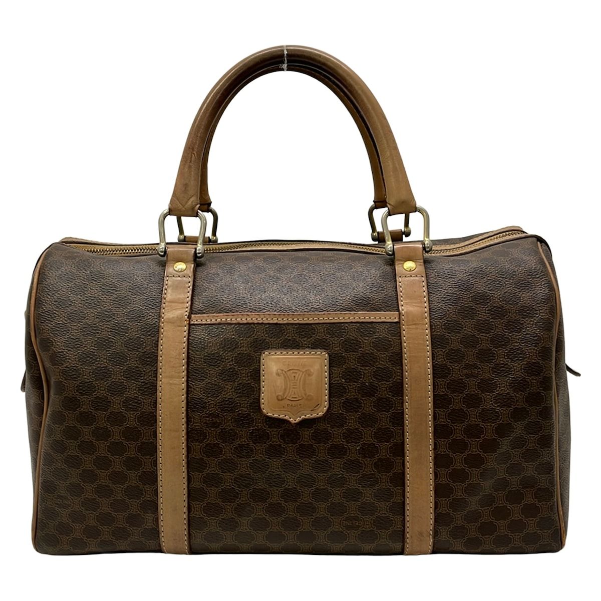 Celine Boston Bag Macadam Pattern Dark Brown No Lock Leather