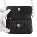 Chanel Pearl Chain Shoulder Bag CC Logo Quilted Faux Pouch Black — view 5