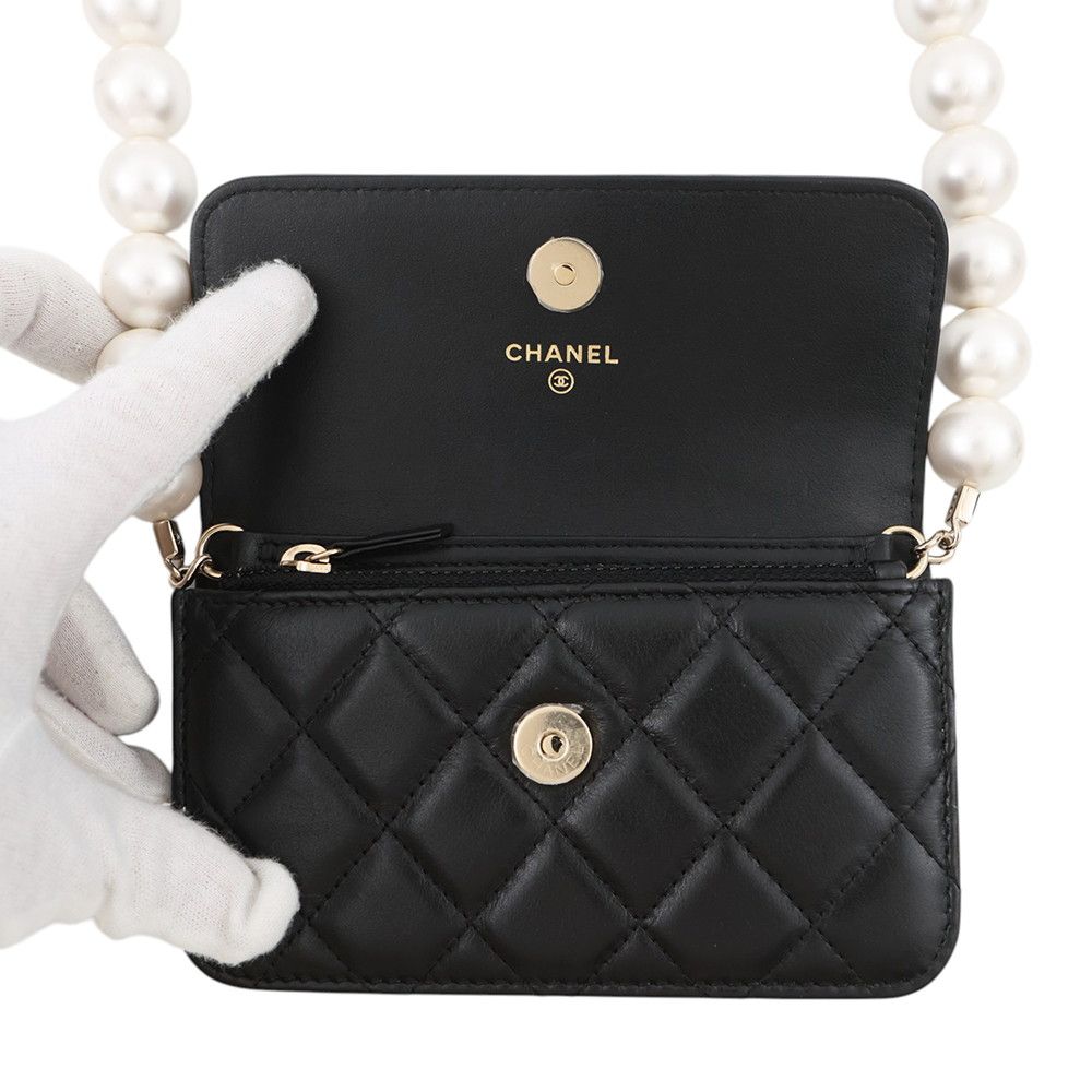 Chanel Pearl Chain Shoulder Bag CC Logo Quilted Faux Pouch Black — view 5