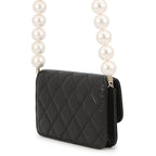 Chanel Pearl Chain Shoulder Bag CC Logo Quilted Faux Pouch Black — view 2